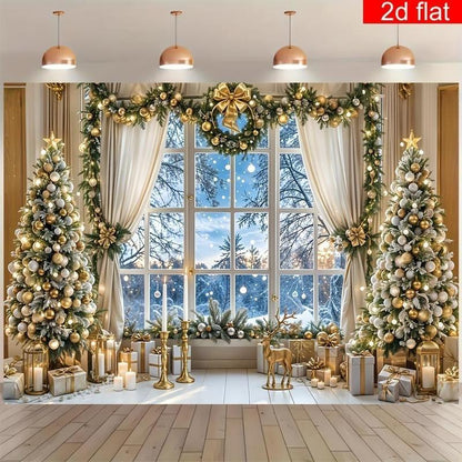 2D Flat Banner 1Pc Christmas Party Banner Indoor Christmas Tree Window Pattern Photography Backdrop Polyester Bright Durable Winter New Year Holiday Wall Decoration Living Room Outdoor Sign Ornaments