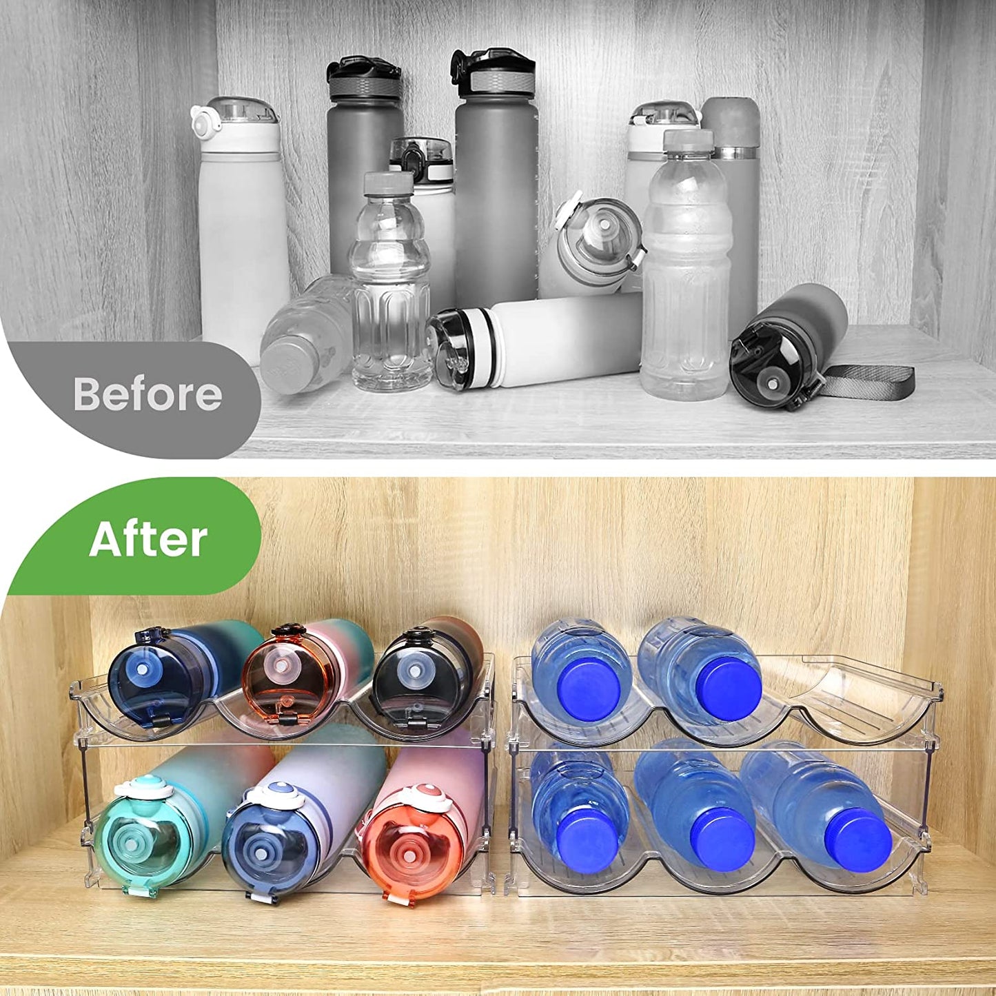 Maximize Your Space with Our Stackable Water Bottle Organizer - 2 Pack Clear Lucite Storage Racks for Cabinets and Refrigerators