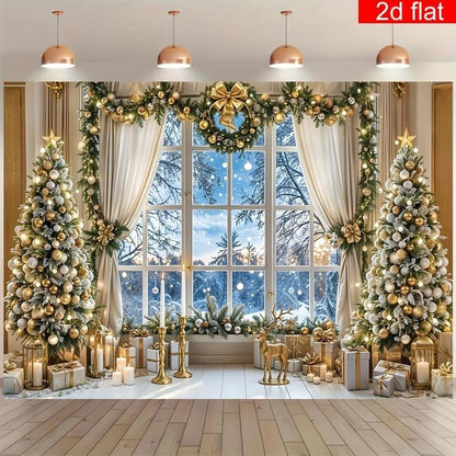 2D Flat Banner 1Pc Christmas Party Banner Indoor Christmas Tree Window Pattern Photography Backdrop Polyester Bright Durable Winter New Year Holiday Wall Decoration Living Room Outdoor Sign Ornaments