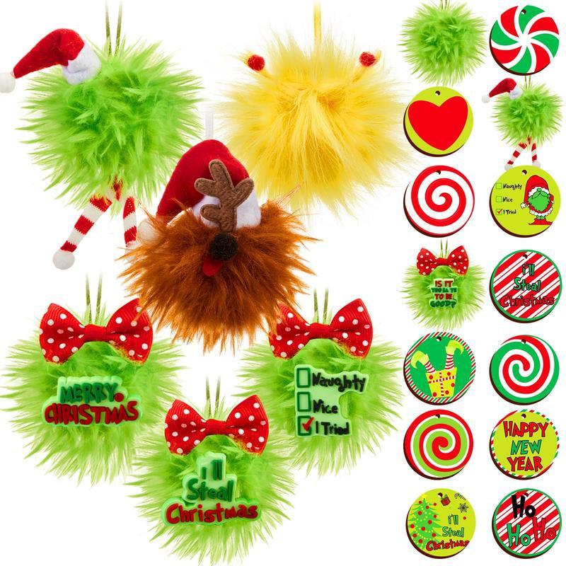 Christmas Ball Ornaments Set for Xmas Tree, Green Christmas Monster Decorations, Shatterproof Glittering Hanging Xmas Balls, Funny Lime Green Furry Christmas Decor, Cute Hanging Ornament with Red Bow, Holiday Party Home Wall Decor, Christmas Gifts