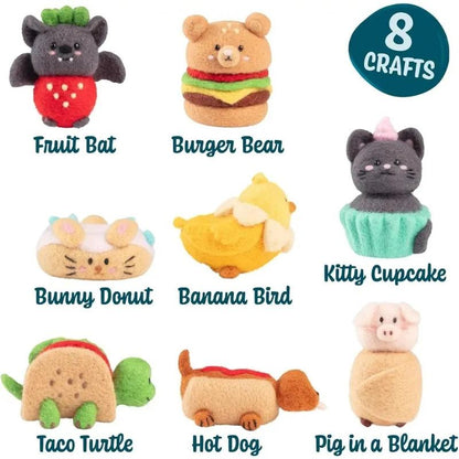 DIY Needle Felting Kit W Case- Animal Foodie Friends- Everything to Make 8 Adorable Felt Animals- Includes Mat, Tools, Needles & Instructions- Homemade Arts & Crafts, Gifts, Kids Party Activity