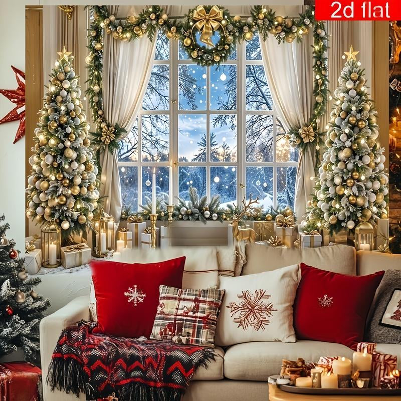 2D Flat Banner 1Pc Christmas Party Banner Indoor Christmas Tree Window Pattern Photography Backdrop Polyester Bright Durable Winter New Year Holiday Wall Decoration Living Room Outdoor Sign Ornaments