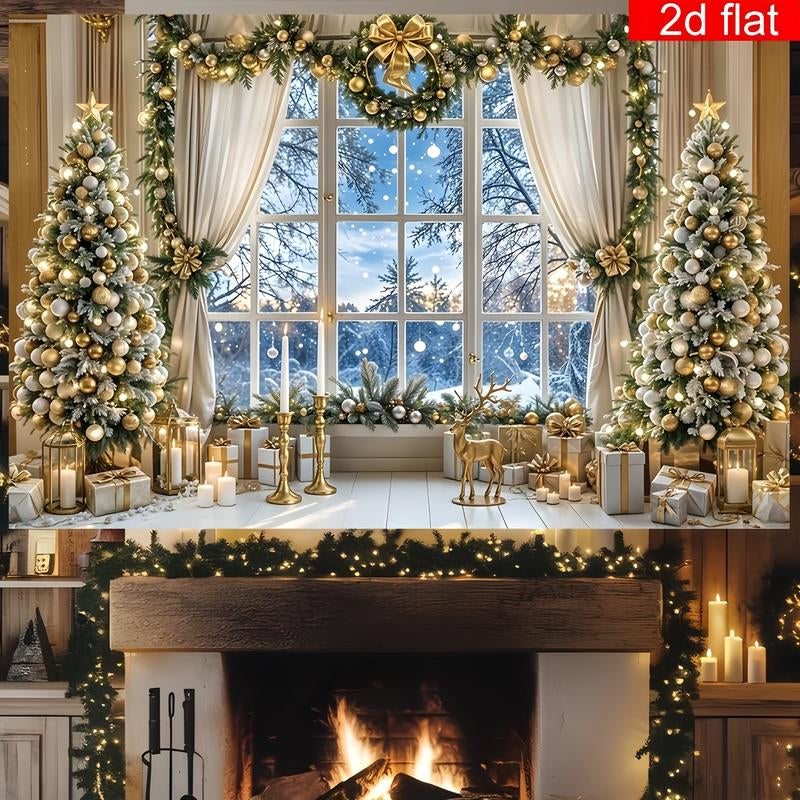 2D Flat Banner 1Pc Christmas Party Banner Indoor Christmas Tree Window Pattern Photography Backdrop Polyester Bright Durable Winter New Year Holiday Wall Decoration Living Room Outdoor Sign Ornaments