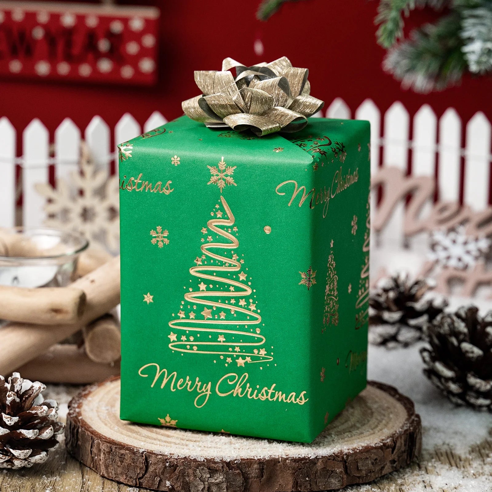 3D Embossed Tree Christmas Wrapping Paper Roll with Foil Shine for Christmas,Birthday,Holiday,Party - 17 in X 33 Ft