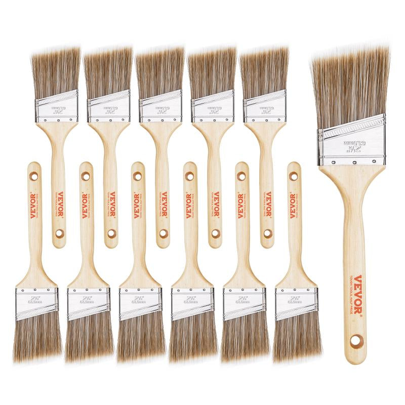 VEVOR Paint Brushes, 12 Piece Angle Paint Brush, Treated Wood Handle, Paint Brush Set for All Latex and Oil Paints & Stains, Wood Stain Brushes for Cabinets, Walls, Fences, Interior & Exterior Use