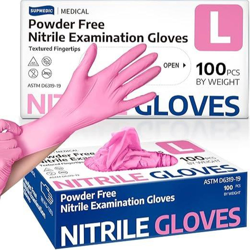 Nitrile Exam Gloves, Powder-Free Latex-Free Disposable Glove for Medical Cooking Esthetician Cleaning, Pink 100 Pcs