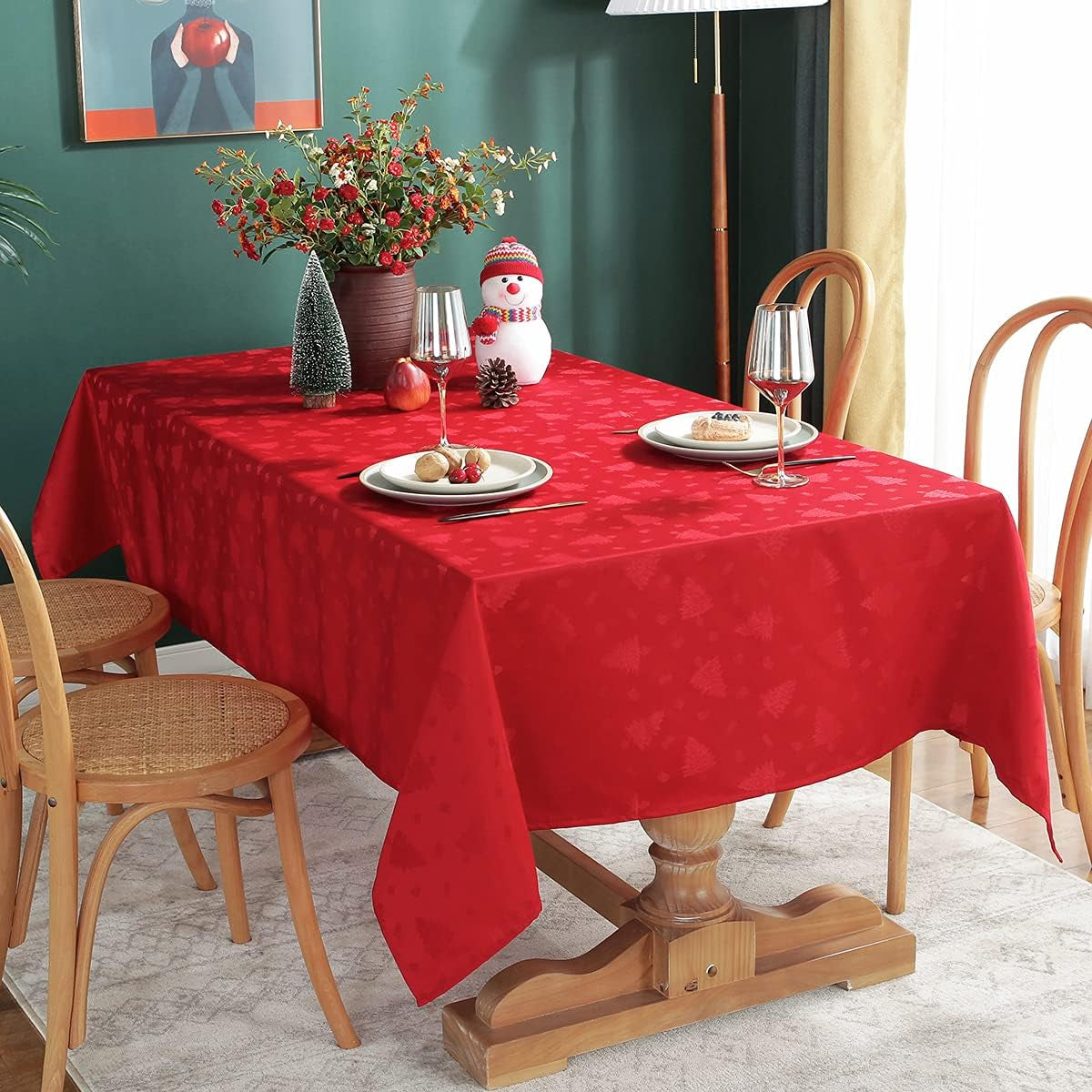 Christmas Tablecloth Rectangle, Jacquard Table Cloth Spillproof and Wrinkle Resistant with Christmas Tree Patterns for Dining Room & Holiday Decoration (Red, Rectangle/Oblong, 52" X 70" (4-6 Seats))