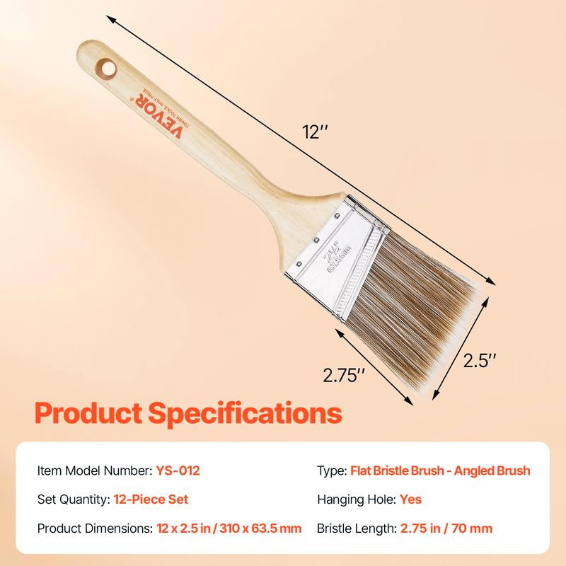 VEVOR Paint Brushes, 12 Piece Angle Paint Brush, Treated Wood Handle, Paint Brush Set for All Latex and Oil Paints & Stains, Wood Stain Brushes for Cabinets, Walls, Fences, Interior & Exterior Use
