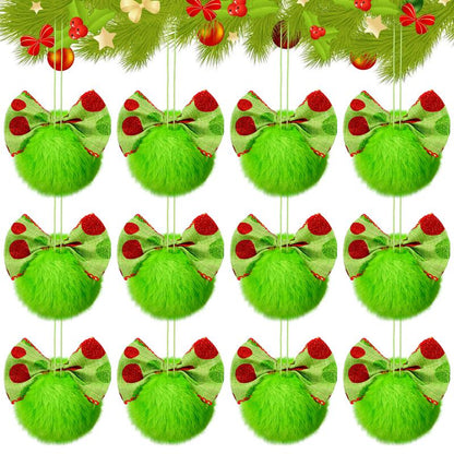 Christmas Ball Ornaments Set for Xmas Tree, Green Christmas Monster Decorations, Shatterproof Glittering Hanging Xmas Balls, Funny Lime Green Furry Christmas Decor, Cute Hanging Ornament with Red Bow, Holiday Party Home Wall Decor, Christmas Gifts