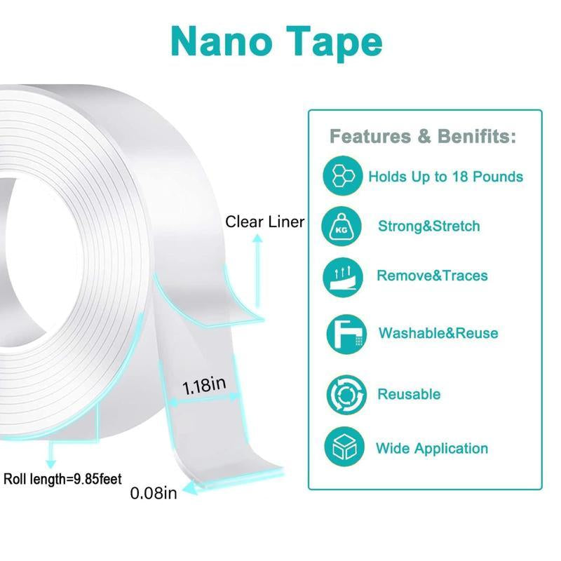 Hanging Adhesive Strips Clear Mounting Tape Picture,Double Sided Tape Heavy Duty(9.85Ft),Nano Double Sided Adhesive Tape,High-Strength Adhesive Tape Suitable for Daily Use in Offices, Home Kitchens, and Dormitories.