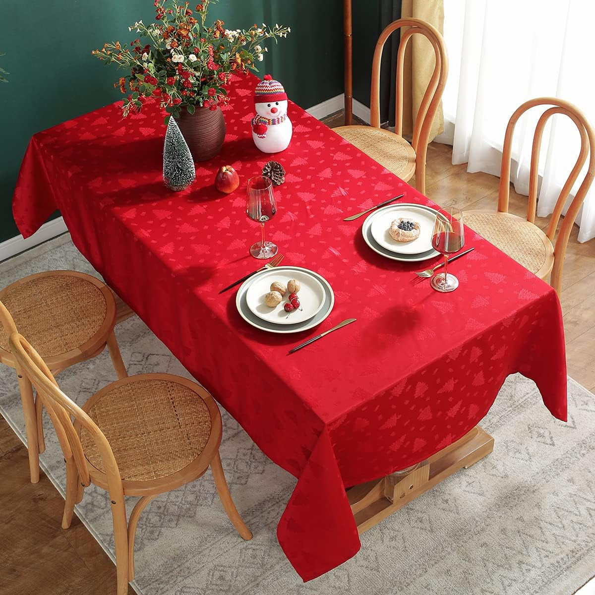 Christmas Tablecloth Rectangle, Jacquard Table Cloth Spillproof and Wrinkle Resistant with Christmas Tree Patterns for Dining Room & Holiday Decoration (Red, Rectangle/Oblong, 52" X 70" (4-6 Seats))