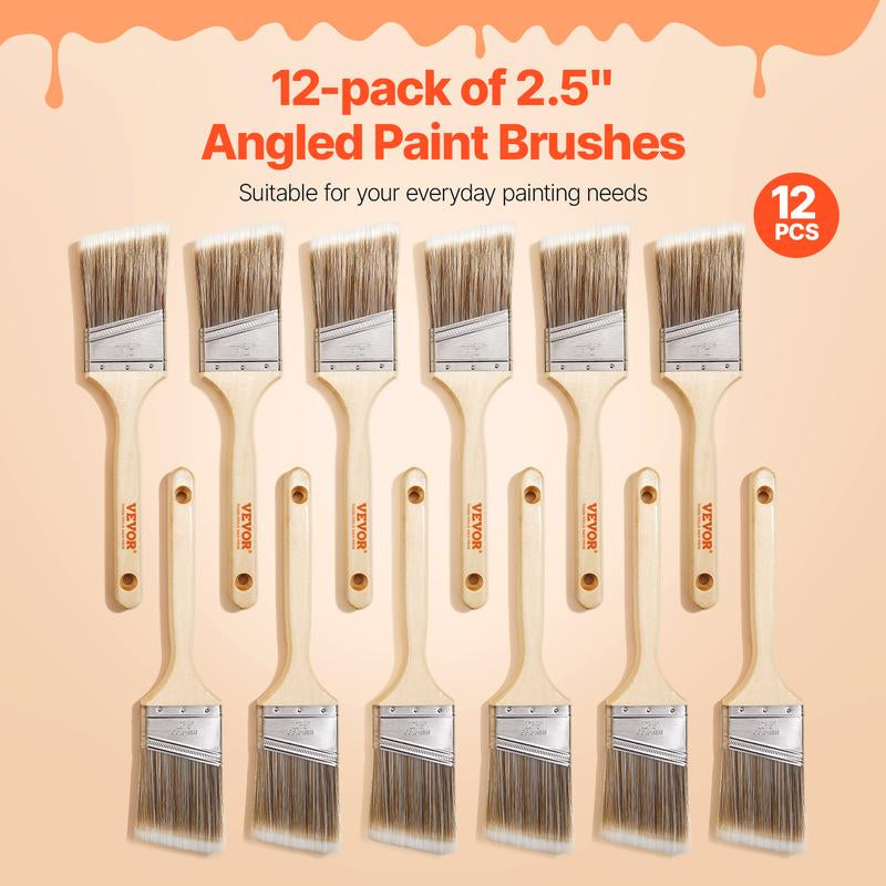 VEVOR Paint Brushes, 12 Piece Angle Paint Brush, Treated Wood Handle, Paint Brush Set for All Latex and Oil Paints & Stains, Wood Stain Brushes for Cabinets, Walls, Fences, Interior & Exterior Use