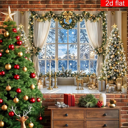 2D Flat Banner 1Pc Christmas Party Banner Indoor Christmas Tree Window Pattern Photography Backdrop Polyester Bright Durable Winter New Year Holiday Wall Decoration Living Room Outdoor Sign Ornaments