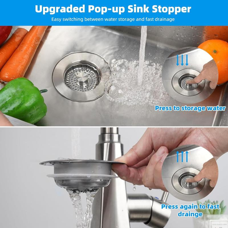 All Metal Stainless Steel 3-In-1 Kitchen Sink Drain Strainer and Stopper Combo, Upgraded Sink Stopper, Anti-Clog Stainless Steel Basket Strainer with Handle, Suitable for US Standard 3-1/2 Inch Drains