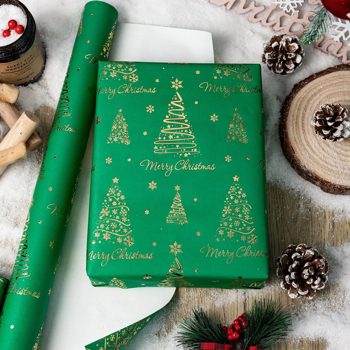 3D Embossed Tree Christmas Wrapping Paper Roll with Foil Shine for Christmas,Birthday,Holiday,Party - 17 in X 33 Ft