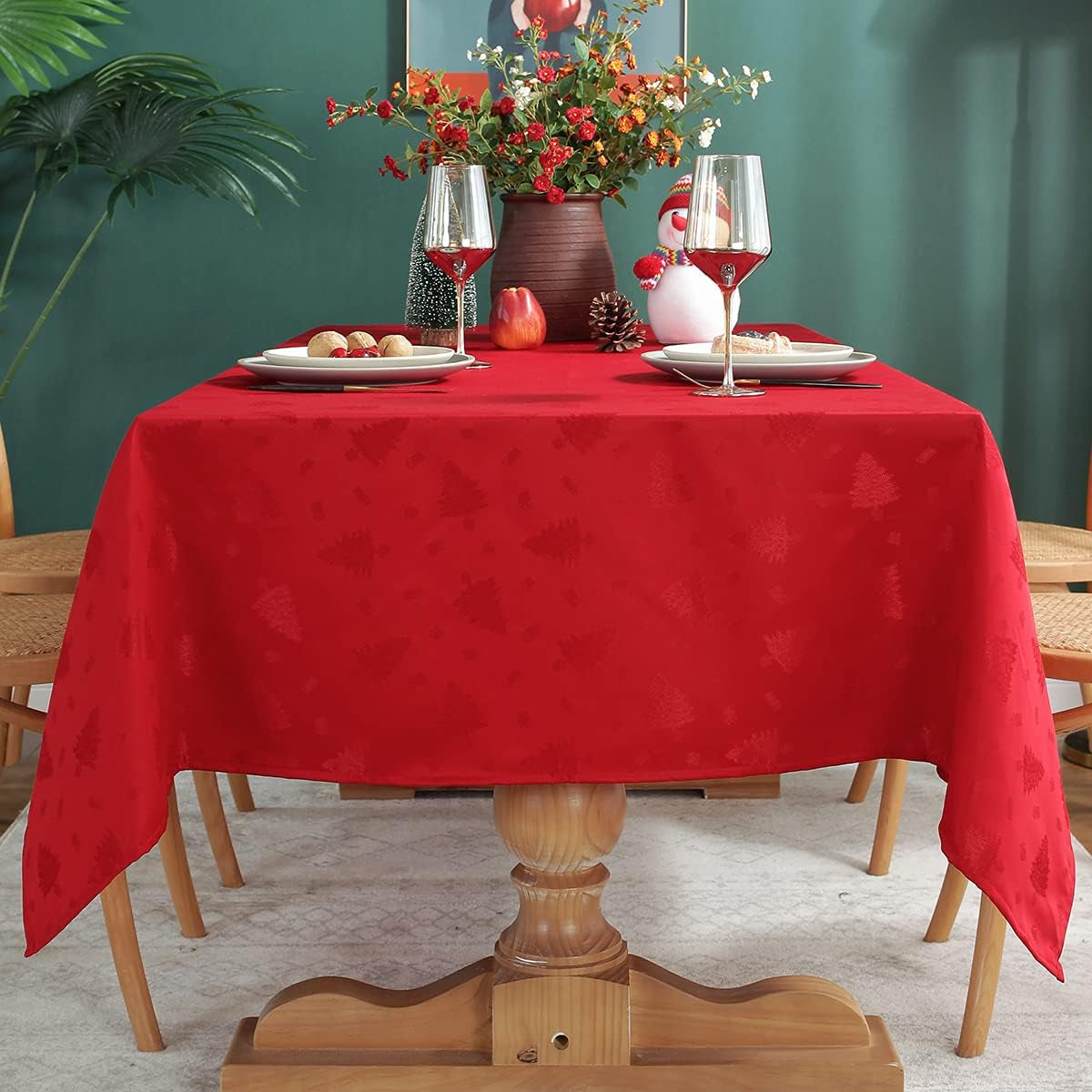 Christmas Tablecloth Rectangle, Jacquard Table Cloth Spillproof and Wrinkle Resistant with Christmas Tree Patterns for Dining Room & Holiday Decoration (Red, Rectangle/Oblong, 52" X 70" (4-6 Seats))